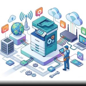 Изометрическая иллюстрация настроек сети для обслуживания МФУ Canon на белом фоне в современном стиле