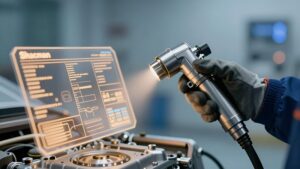 Механик с высокотехнологичной форсункой на фоне голограммы, отражающей тренды обслуживания топливных систем Shacman 2026